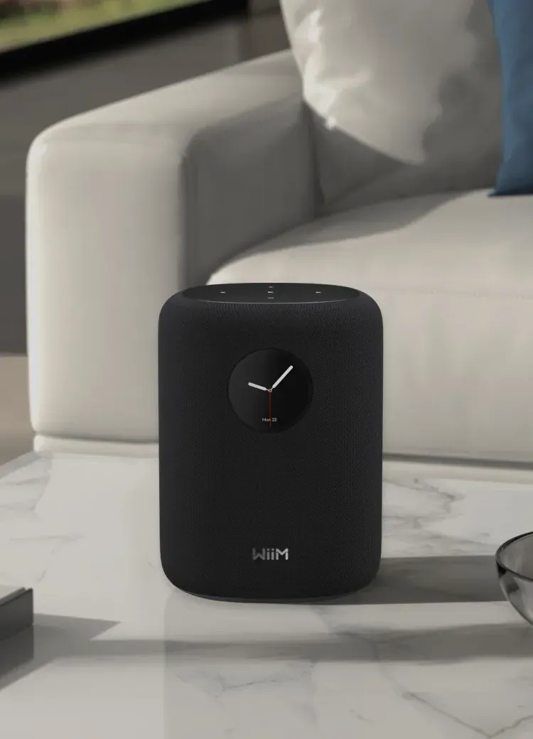 Enceinte WiiM Sound sur une table basse en marbre