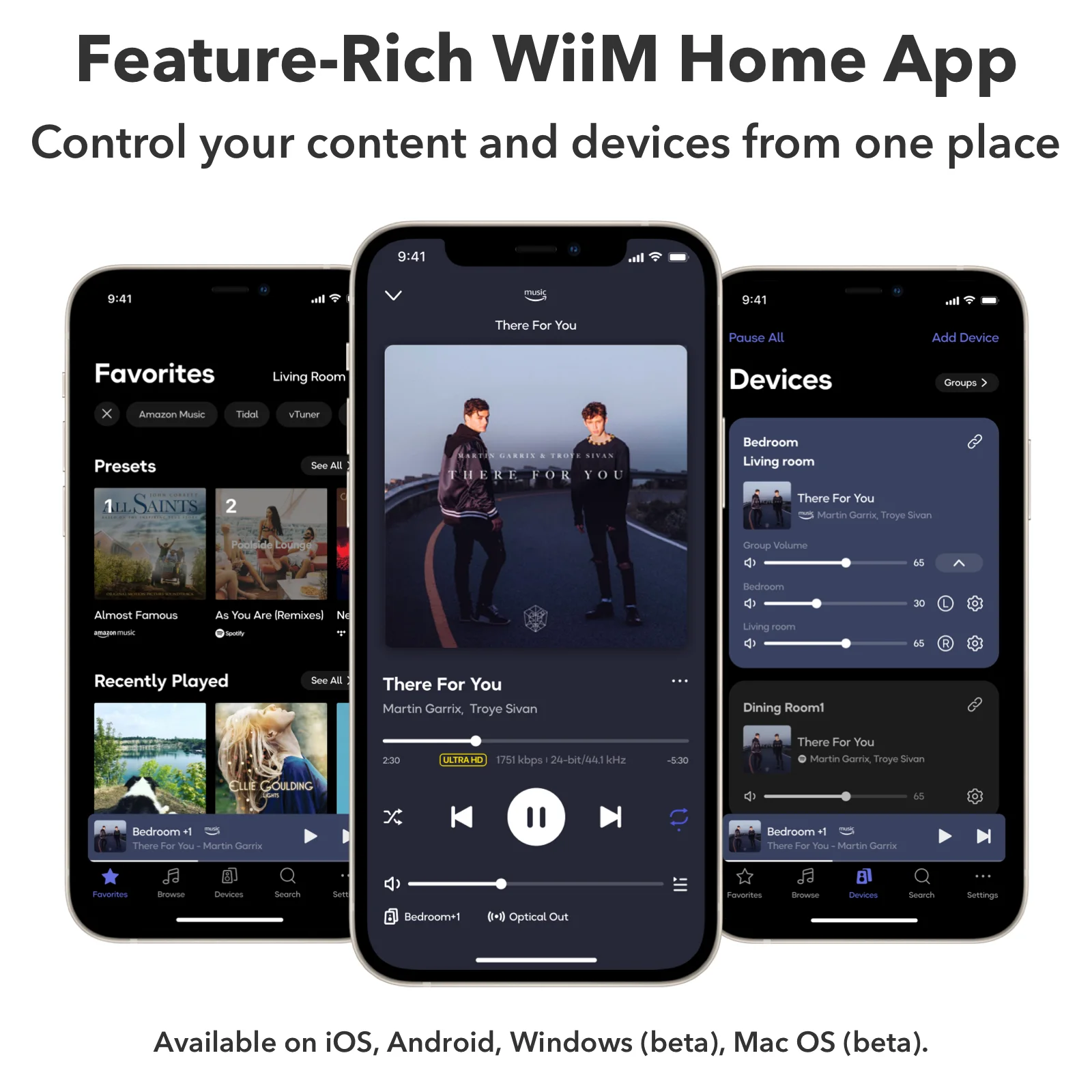 Écrans de l'application WiiM Home : favoris, lecture en cours et appareils