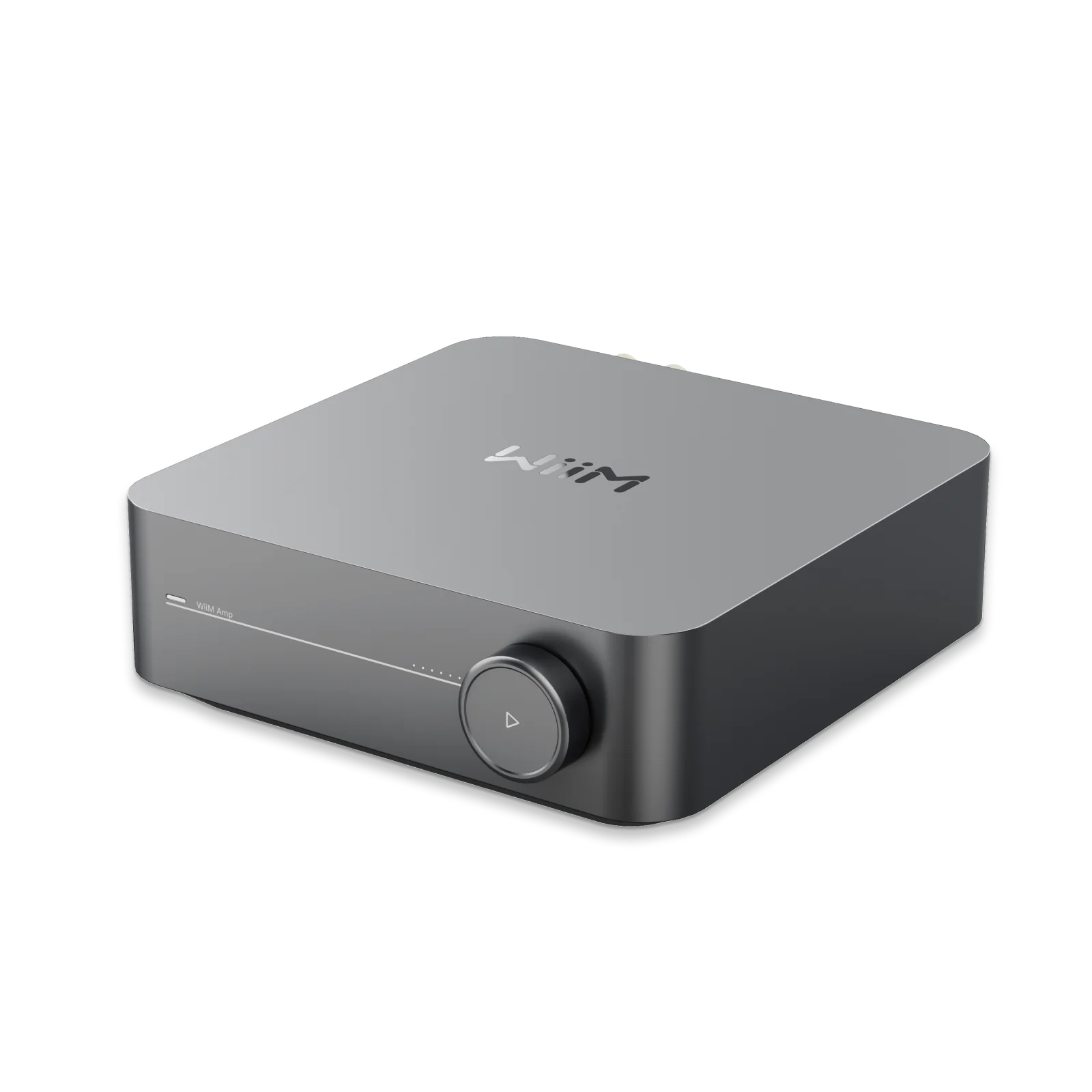 WiiM Amp gris sidéral vu de trois quarts avec son bouton de volume