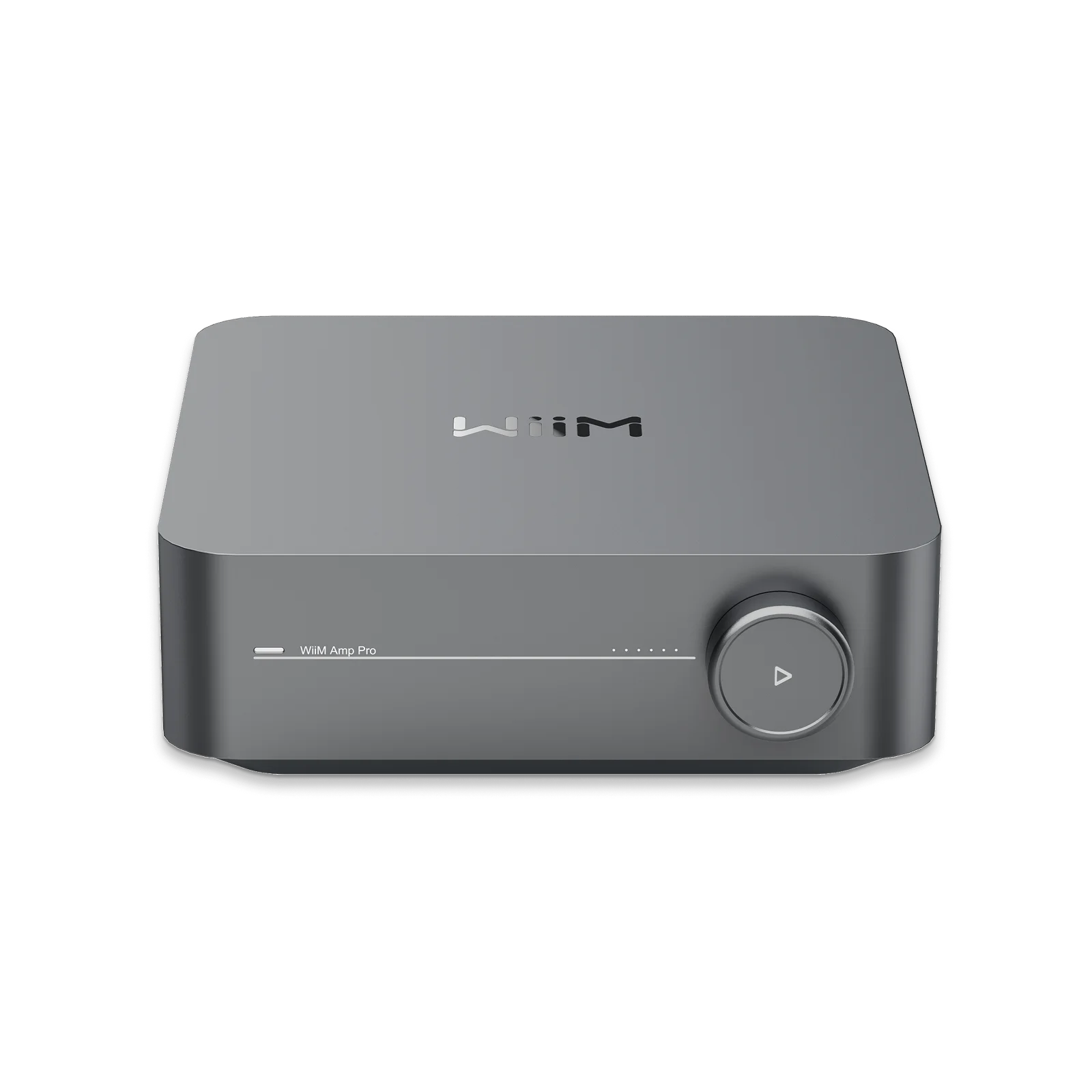 WiiM Amp Pro gris sidéral vu de face avec son bouton de volume