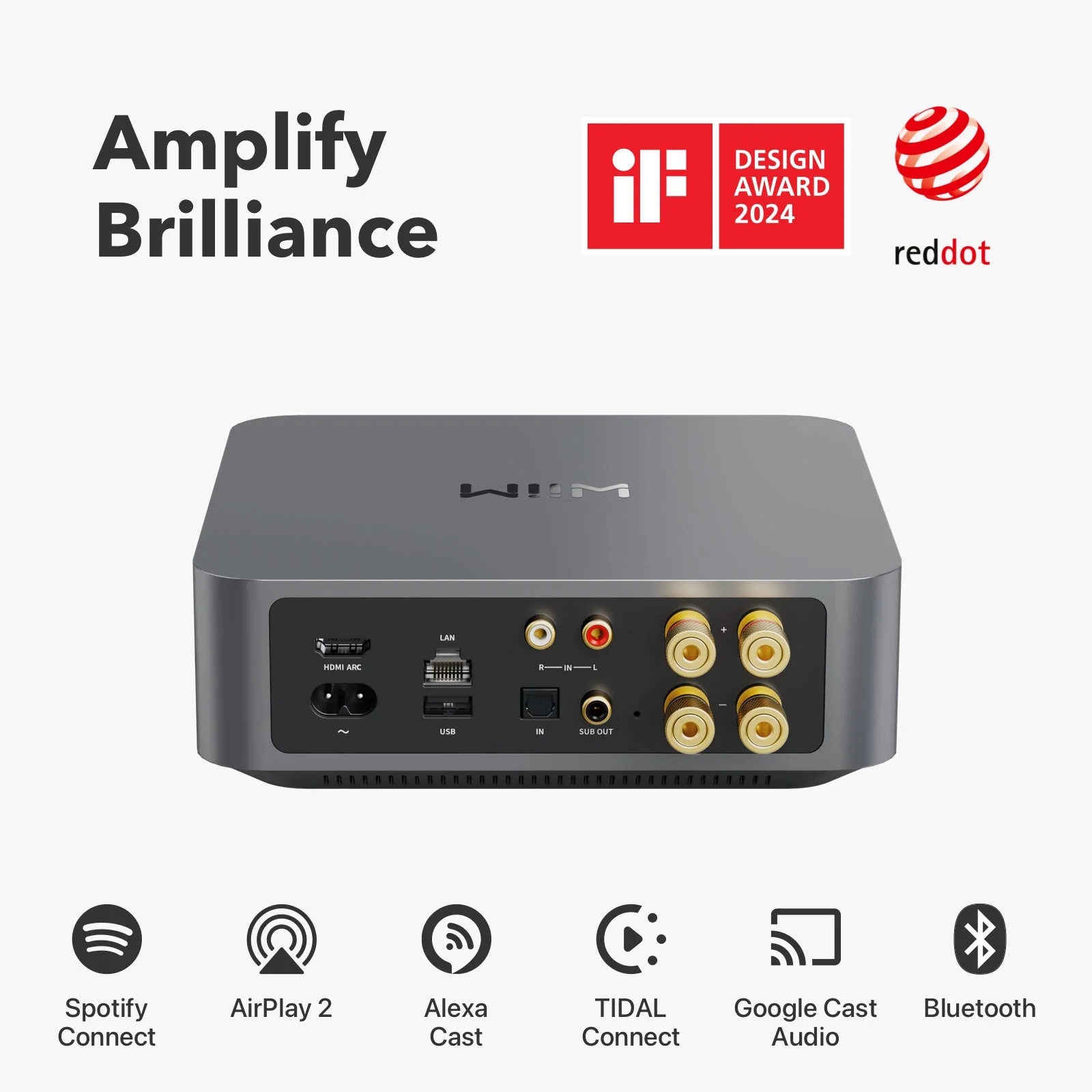 Face arrière du WiiM Amp : HDMI ARC, entrées optique et ligne, bornier enceintes