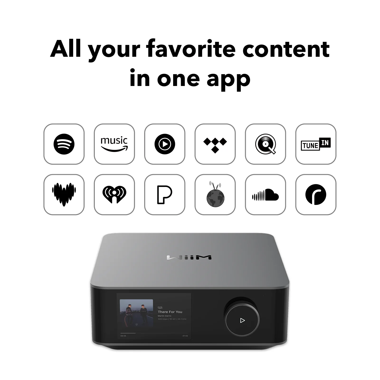 Services de streaming réunis dans l'application WiiM Home au-dessus de l'Amp Ultra