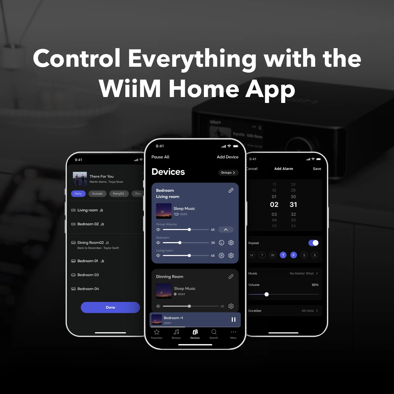 Écrans de l'application WiiM Home : appareils, lecture et réveil