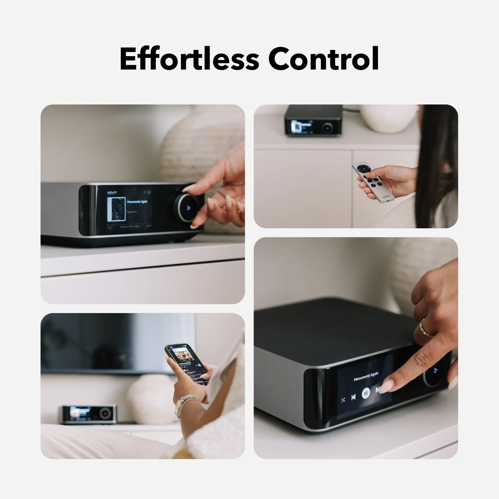 Commande du WiiM Amp Ultra par l'écran tactile, le bouton, la télécommande et le smartphone