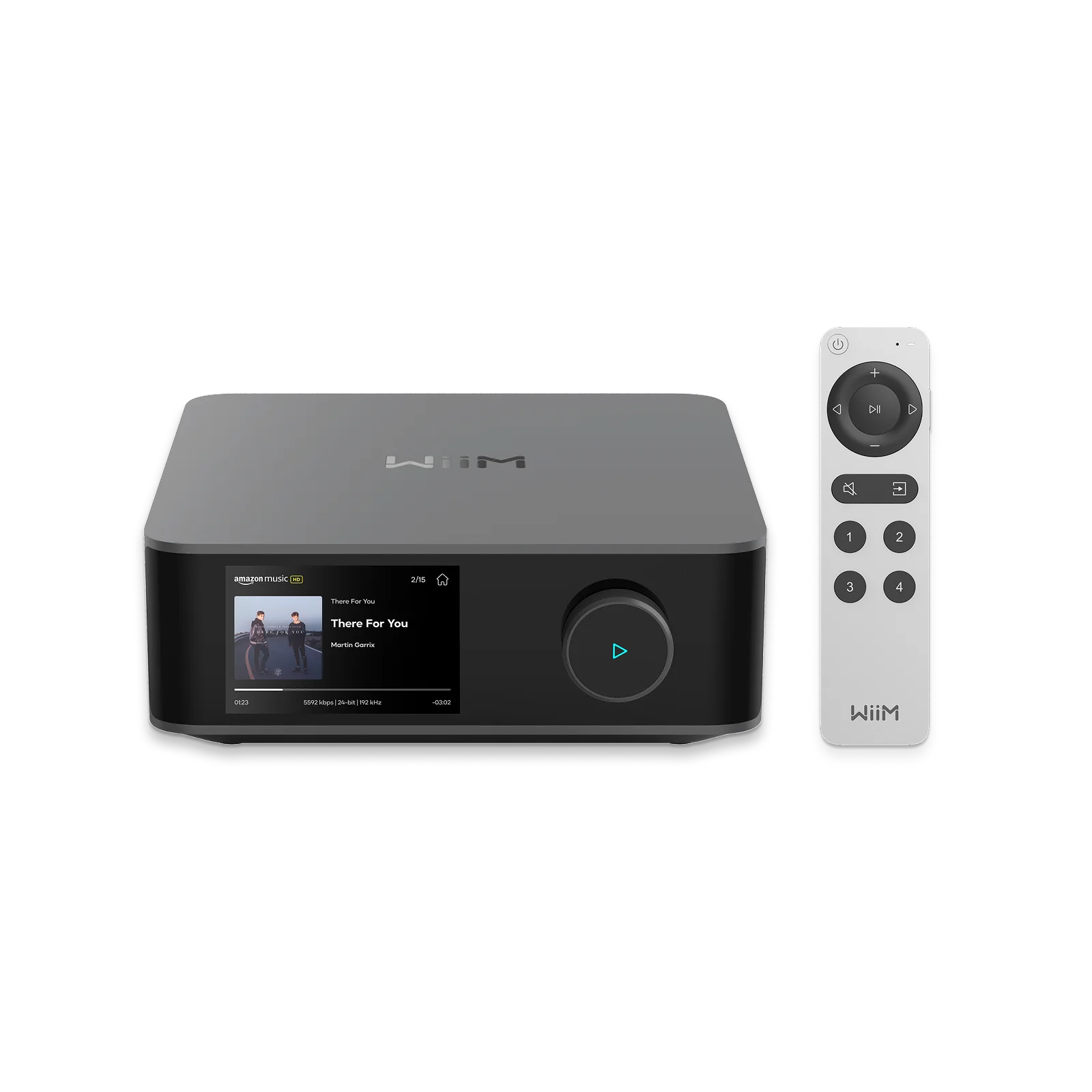 WiiM Amp Ultra gris sidéral avec son écran tactile et la télécommande Voice Remote 2