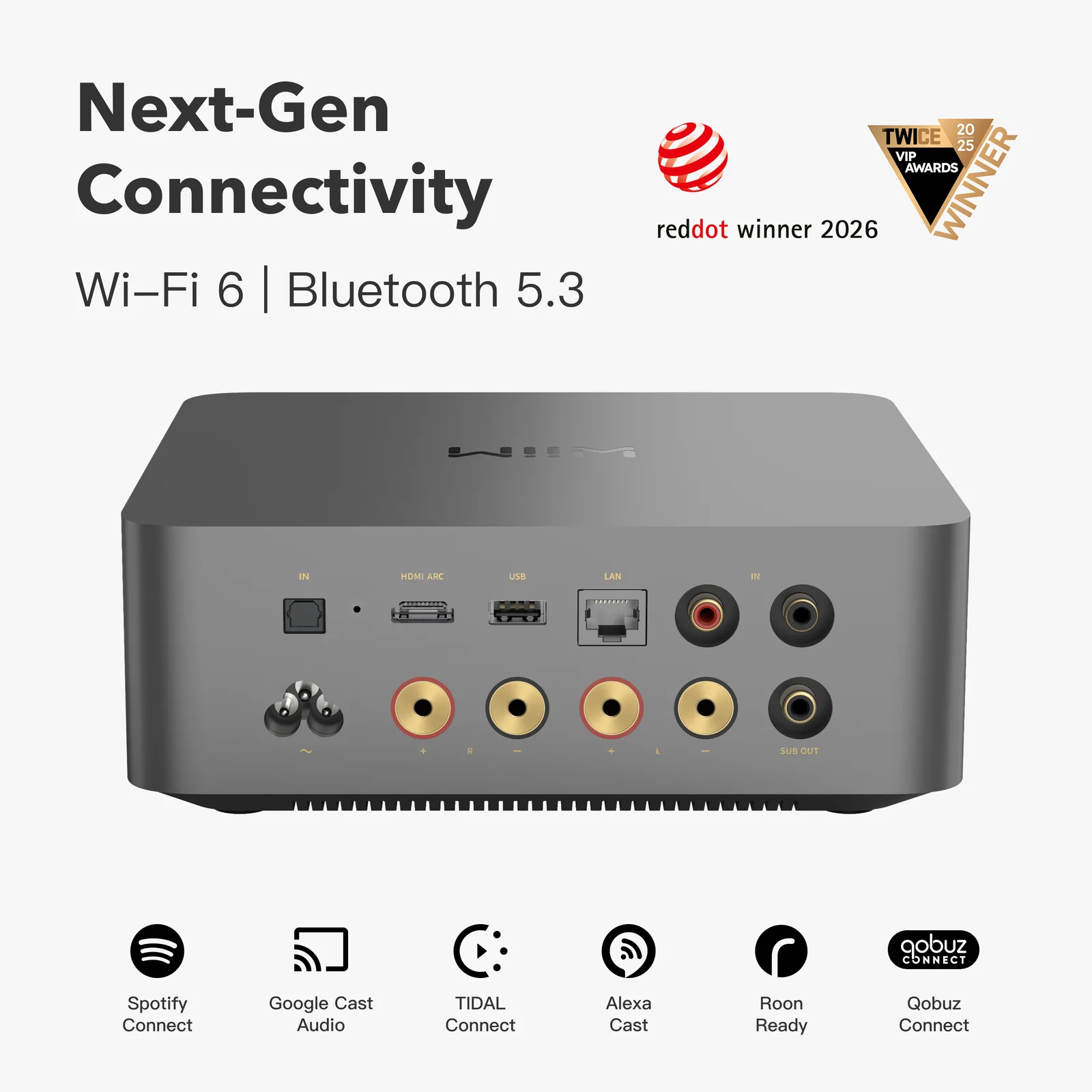 Face arrière du WiiM Amp Ultra : HDMI ARC, USB, Ethernet, entrées et borniers enceintes