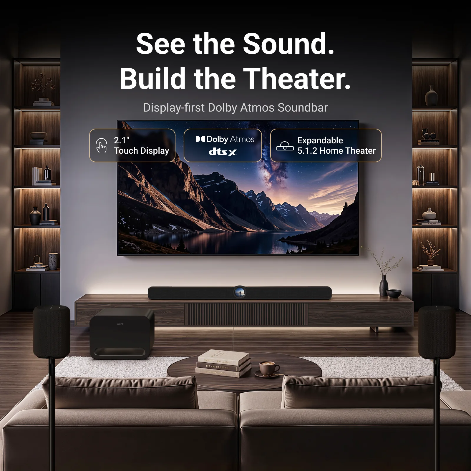 WiiM Bar sous un téléviseur dans un salon home-cinéma