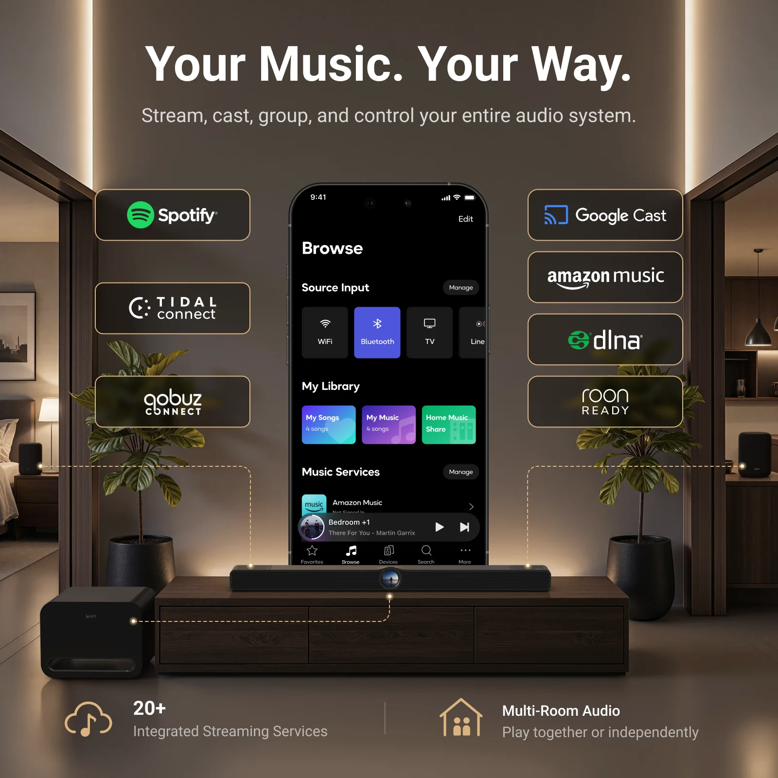 Services de streaming et appli WiiM Home pilotant la WiiM Bar