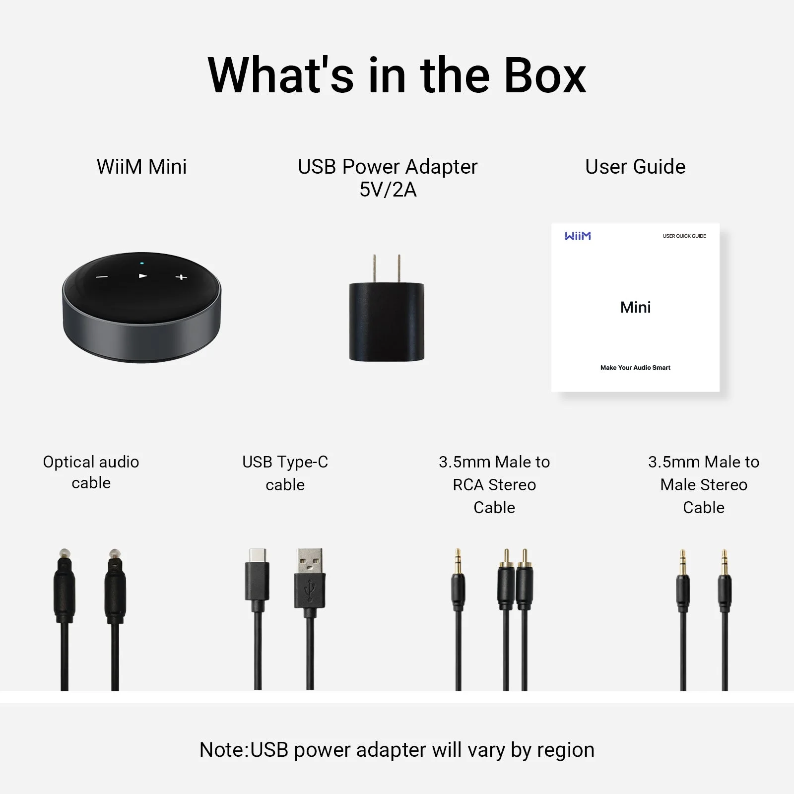 Contenu de la boîte du WiiM Mini : adaptateur USB, guide et câbles audio