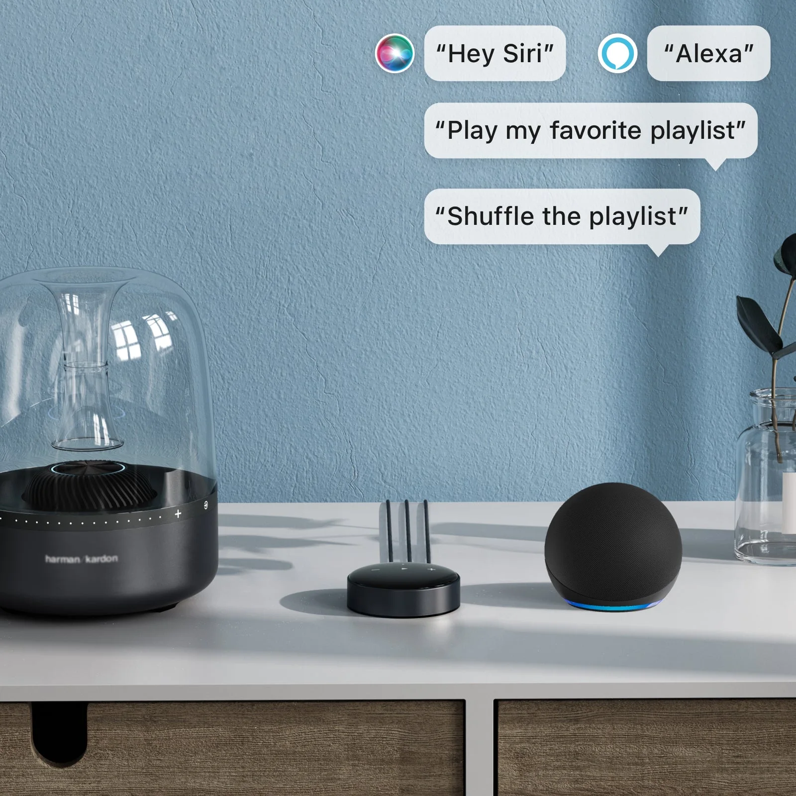 WiiM Mini piloté à la voix avec Siri et Alexa, à côté d'une enceinte Echo