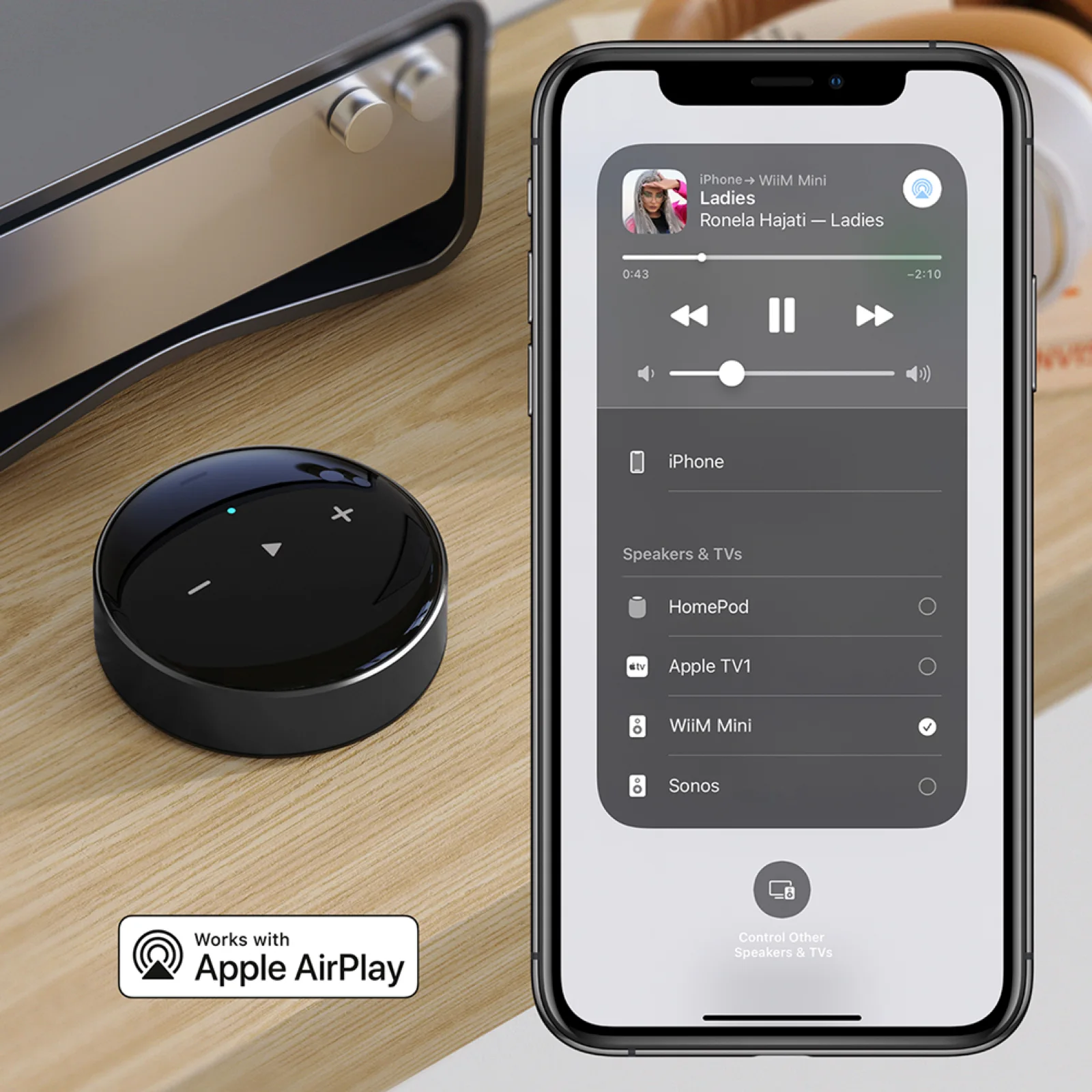 Sélection du WiiM Mini comme enceinte AirPlay depuis un iPhone