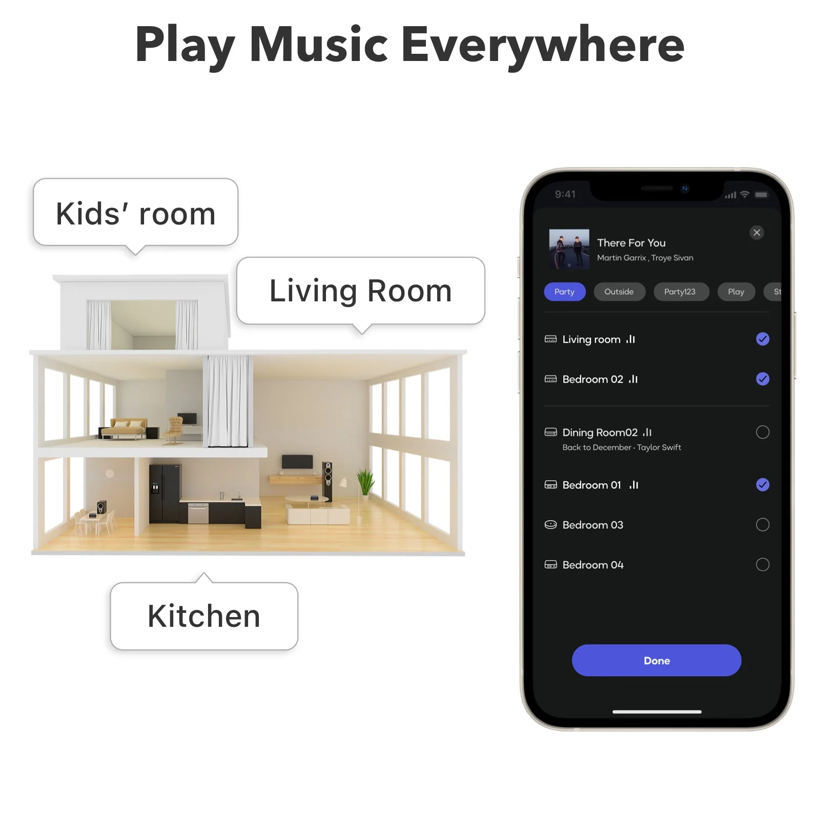 Multiroom WiiM Pro : chambre, salon et cuisine groupés dans l'appli