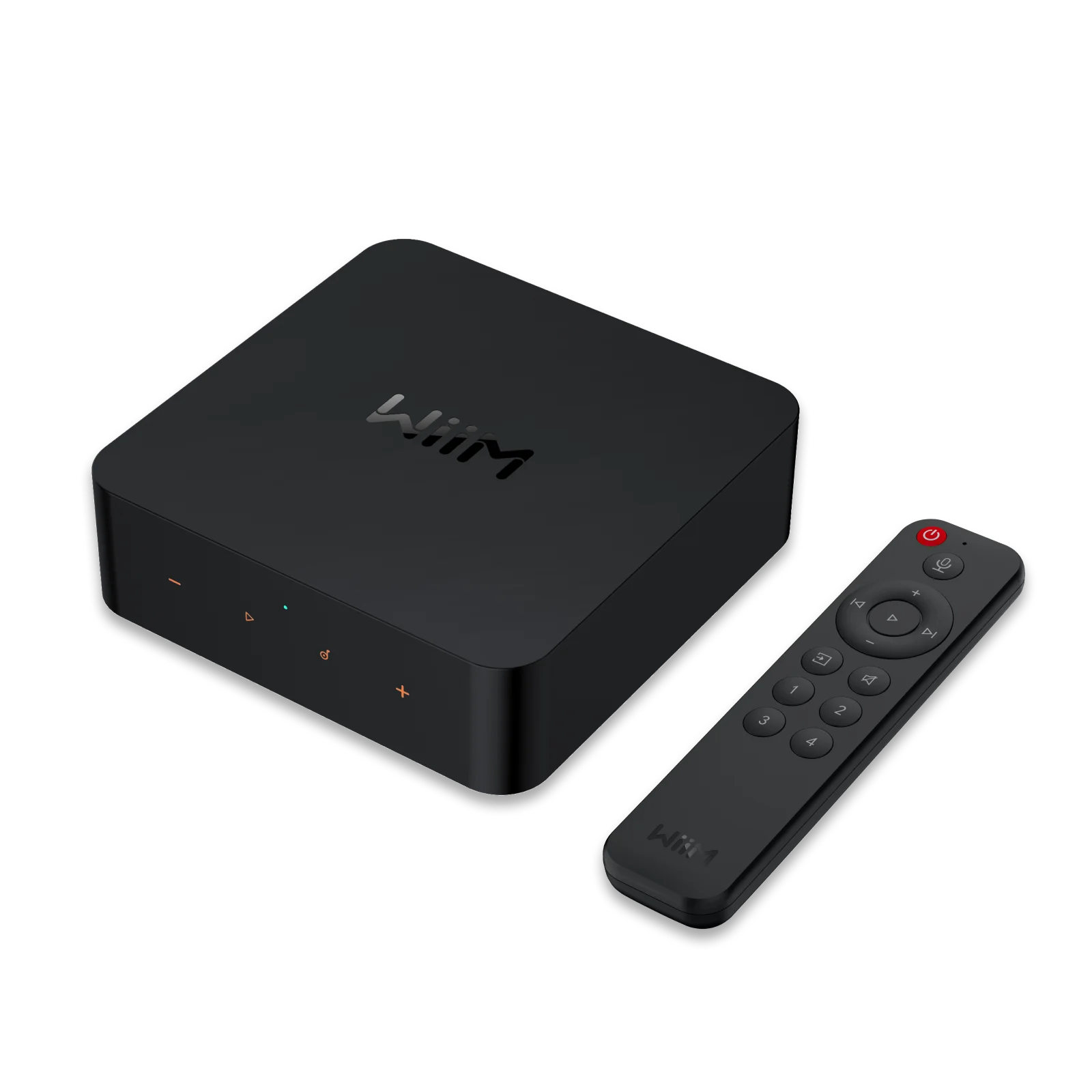 WiiM Pro Plus noir avec sa télécommande vocale