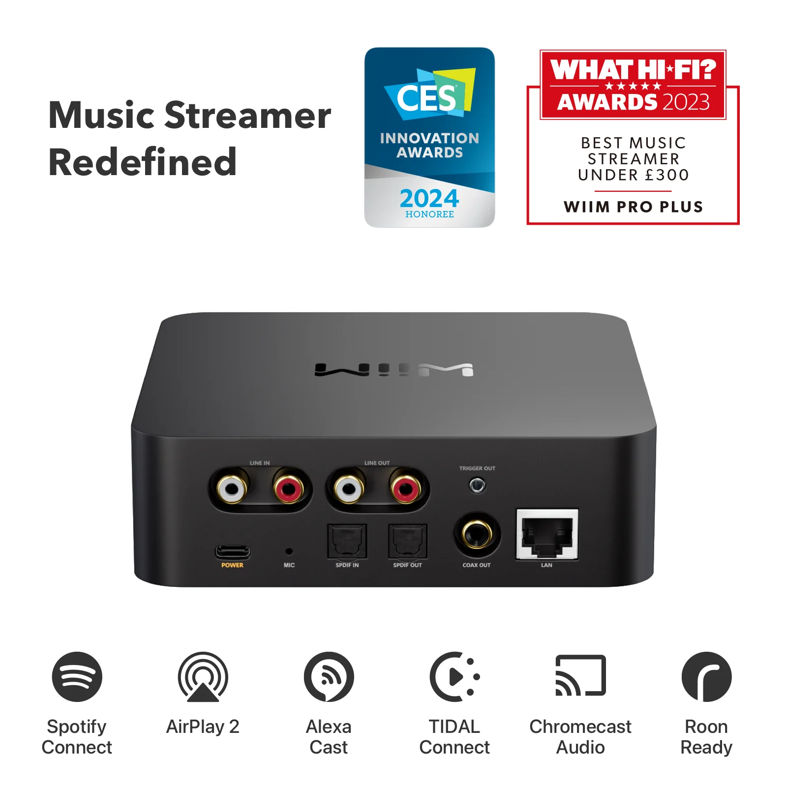 Schéma de connexion du WiiM Pro Plus avec TV, platine, ampli, DAC et enceintes