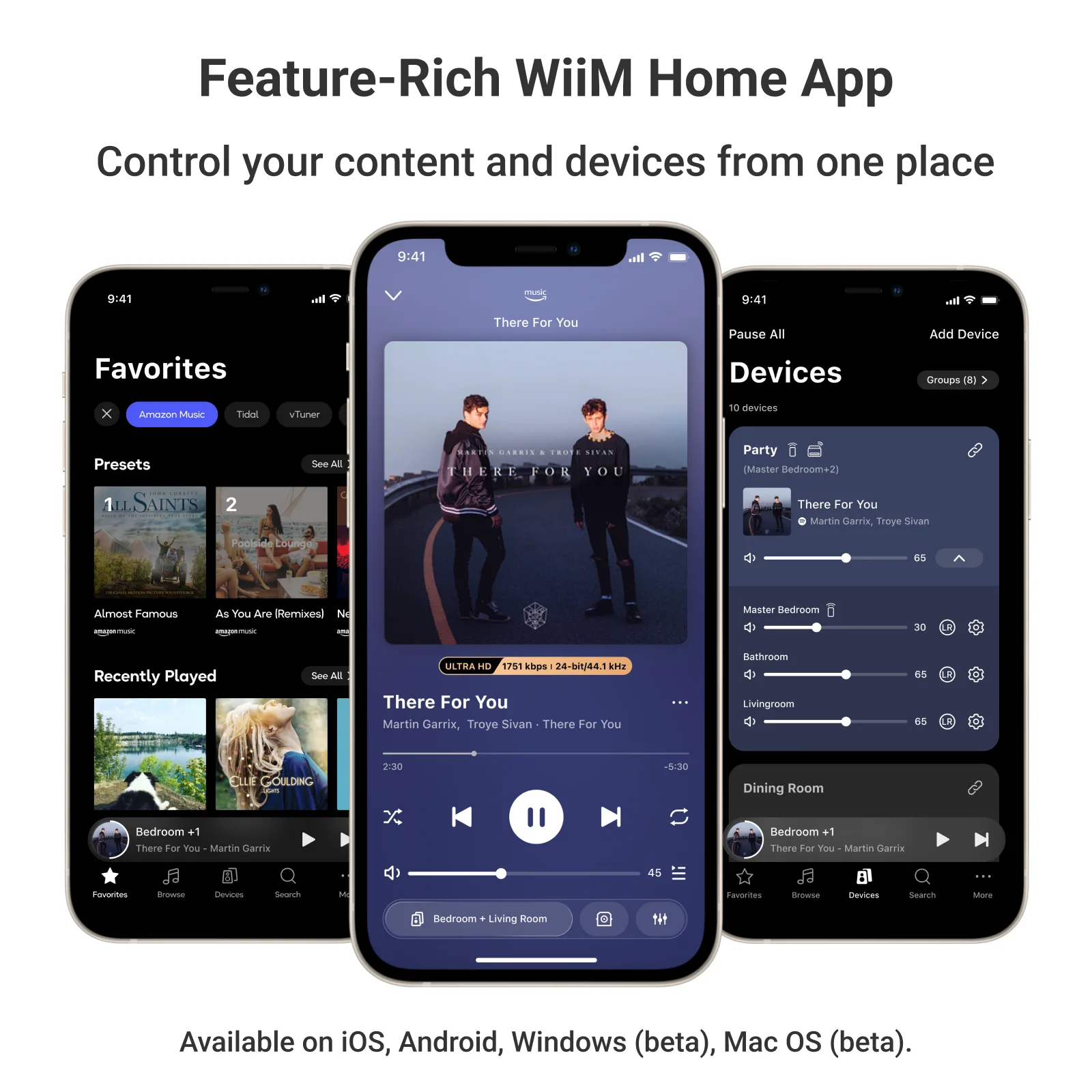 WiiM Pro Plus posé sur un ampli hi-fi, commande vocale Siri, Alexa et Google