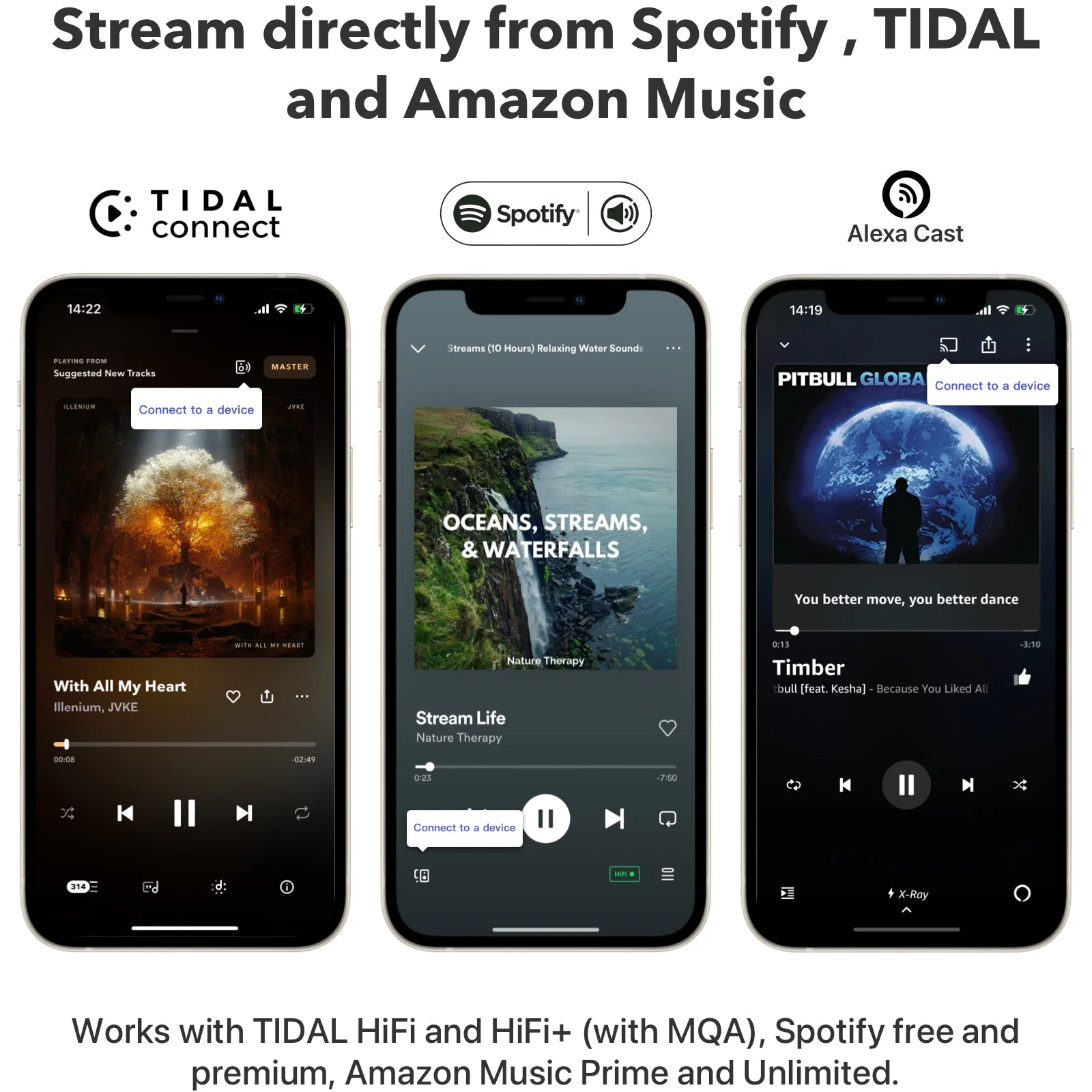 Lecture directe depuis TIDAL Connect, Spotify Connect et Alexa Cast vers le WiiM Mini