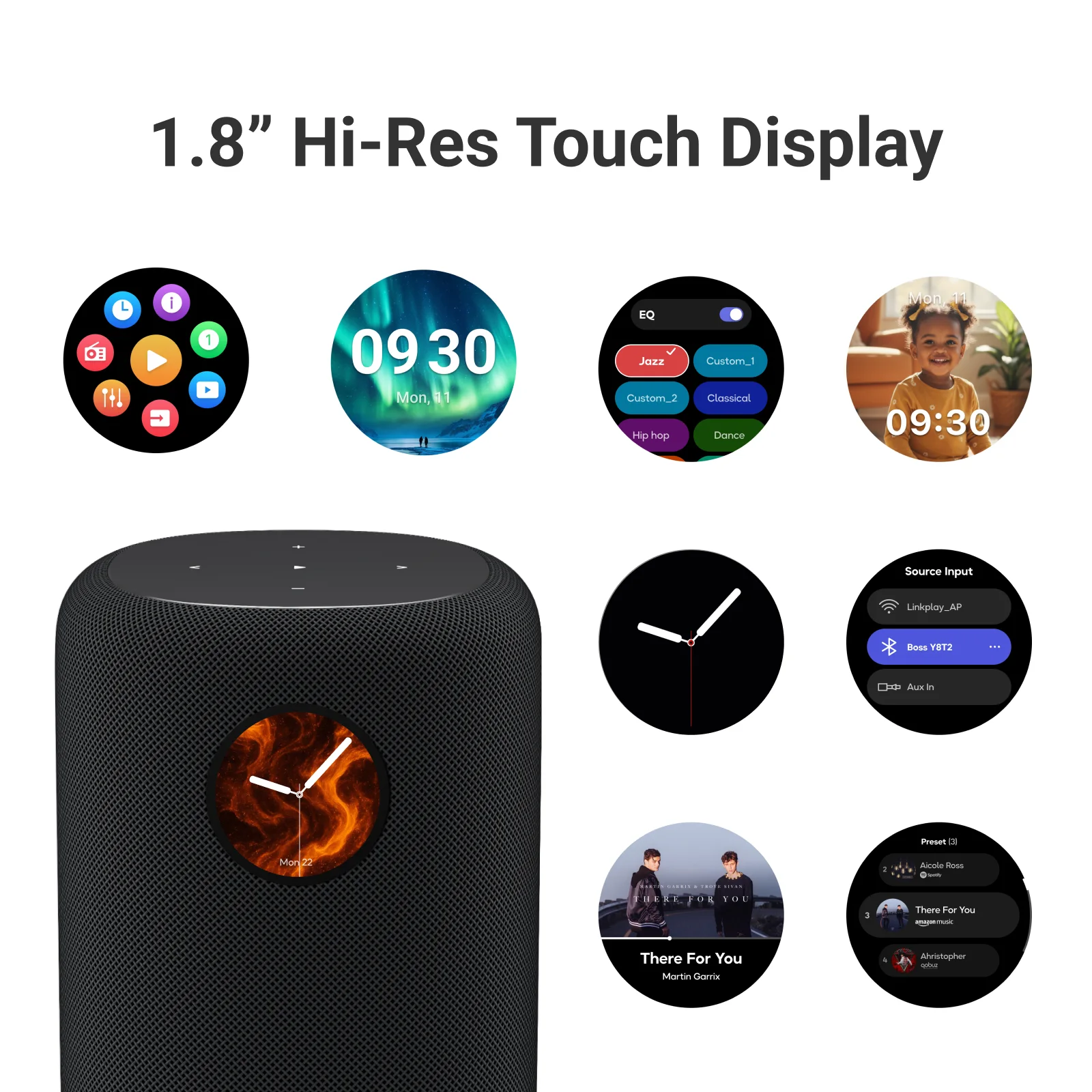 Gros plan sur l’écran tactile rond de 1,8 pouce du WiiM Sound