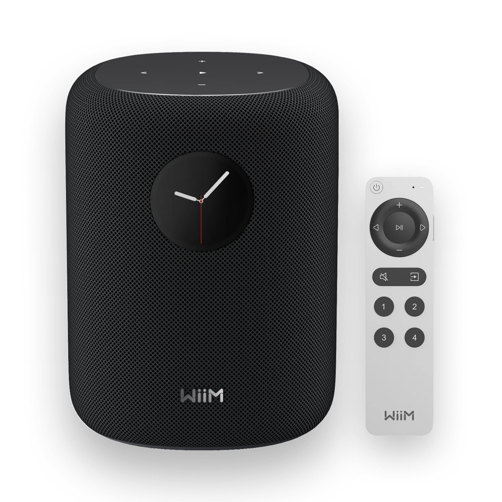 Enceinte WiiM Sound noire vue de face avec son écran rond