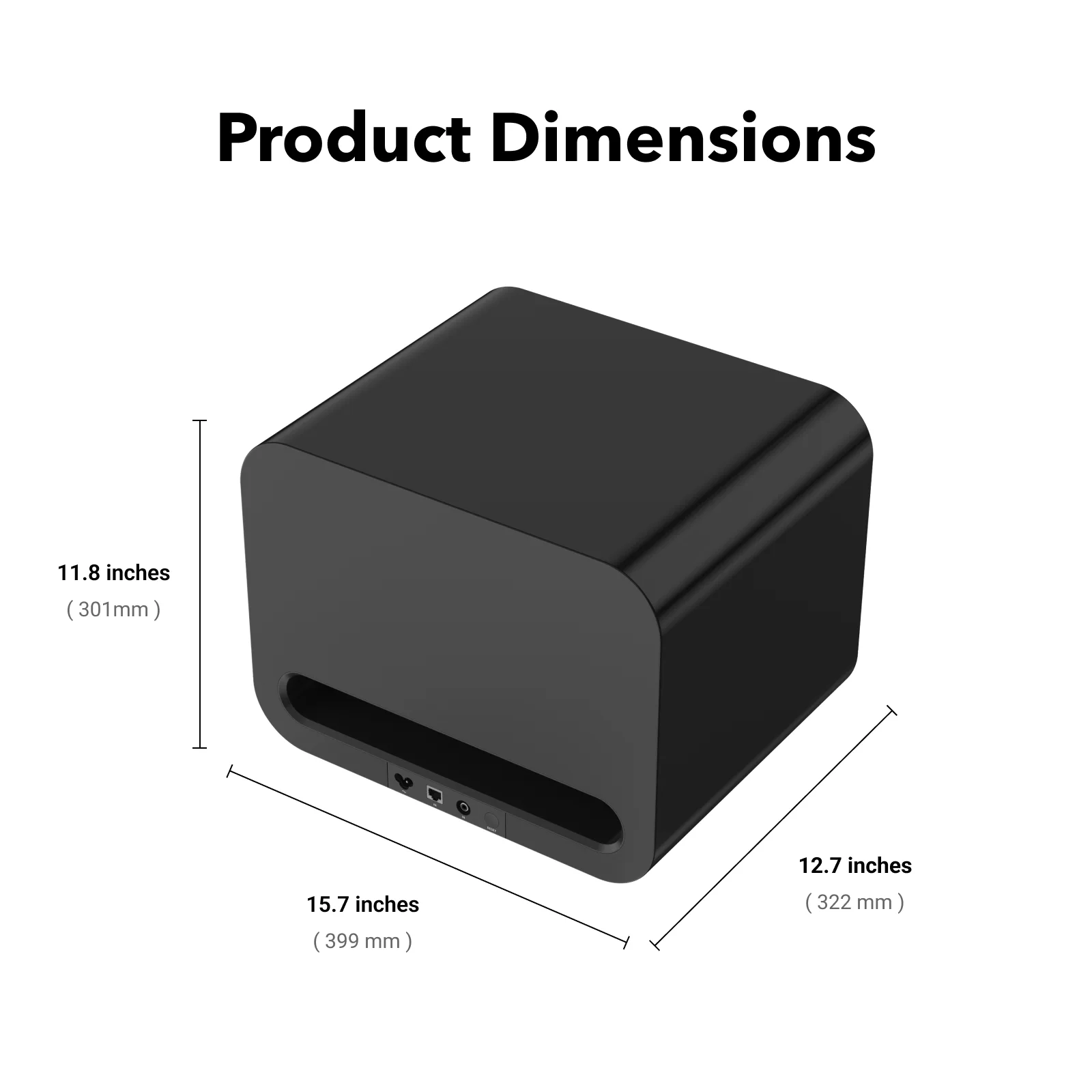 Dimensions du WiiM Sub Pro : 399 × 301 × 322 mm