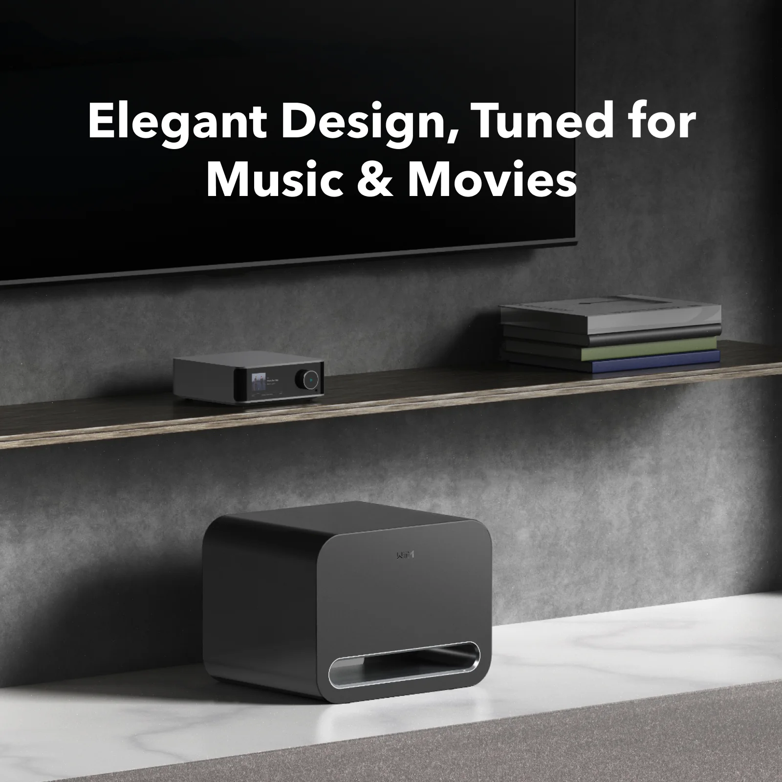 WiiM Sub Pro sous un meuble TV, pensé pour la musique et le cinéma
