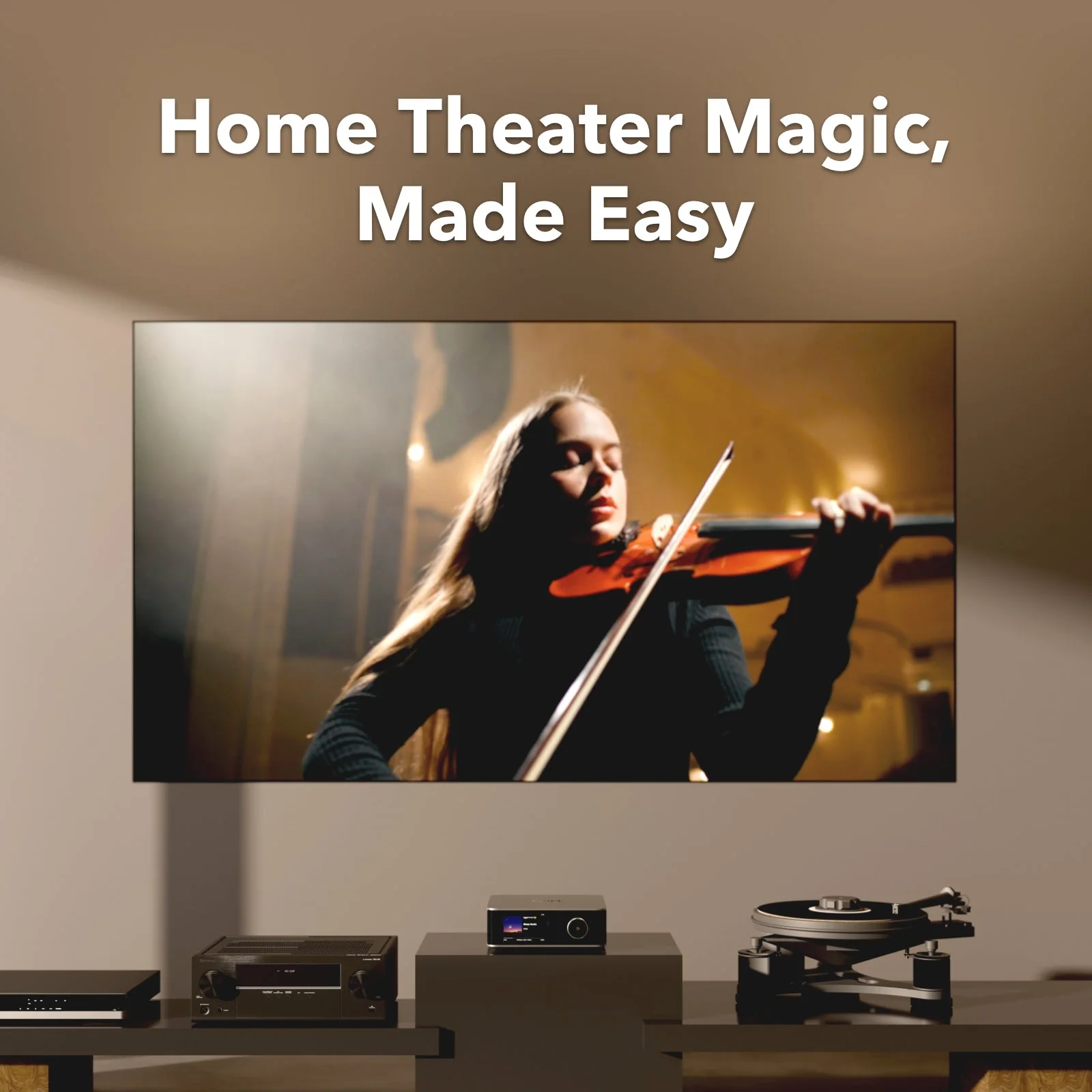 WiiM Ultra intégré à un système home-cinéma sous un téléviseur