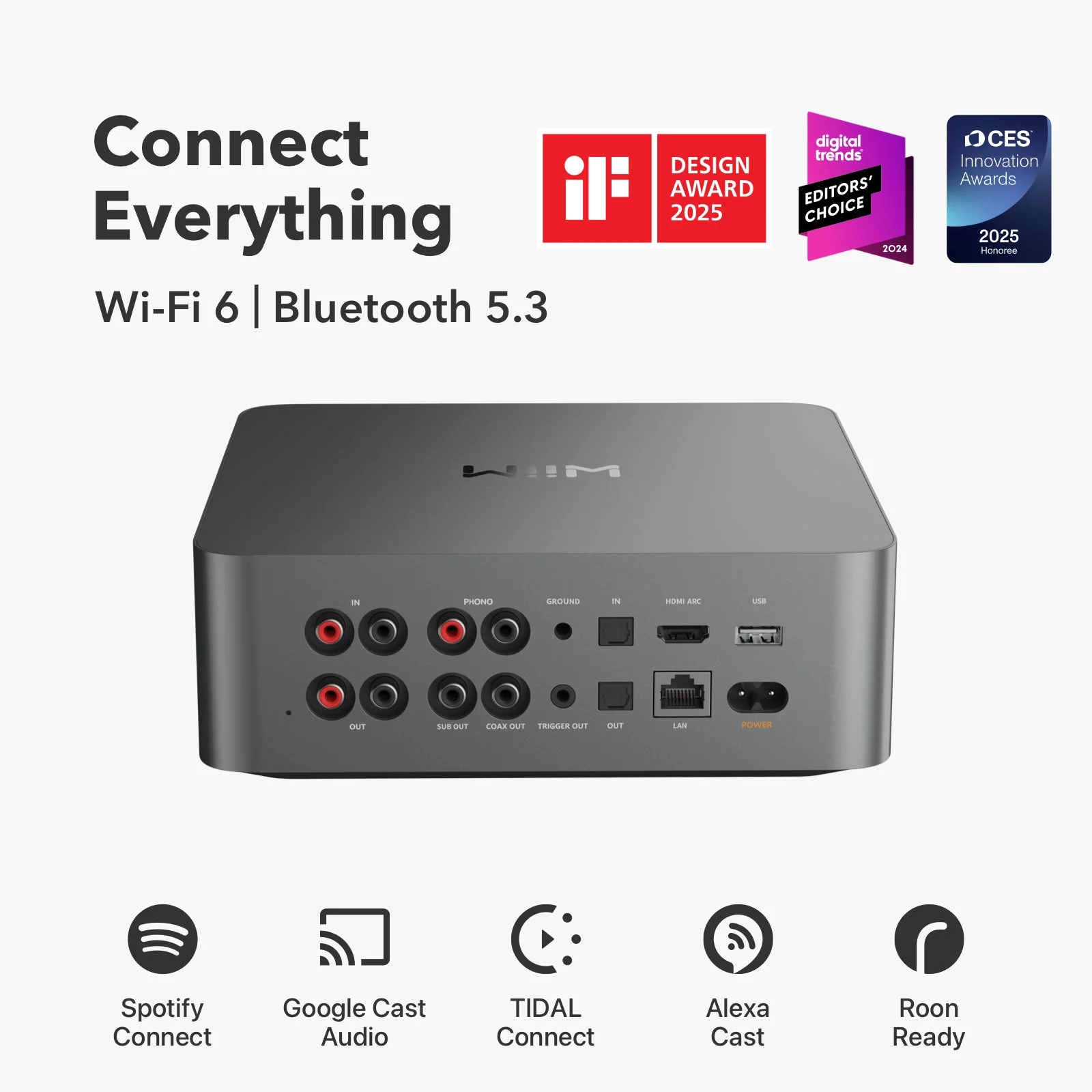 Face arrière du WiiM Ultra : phono, ligne, HDMI ARC, optique, coaxiale, USB et sortie caisson