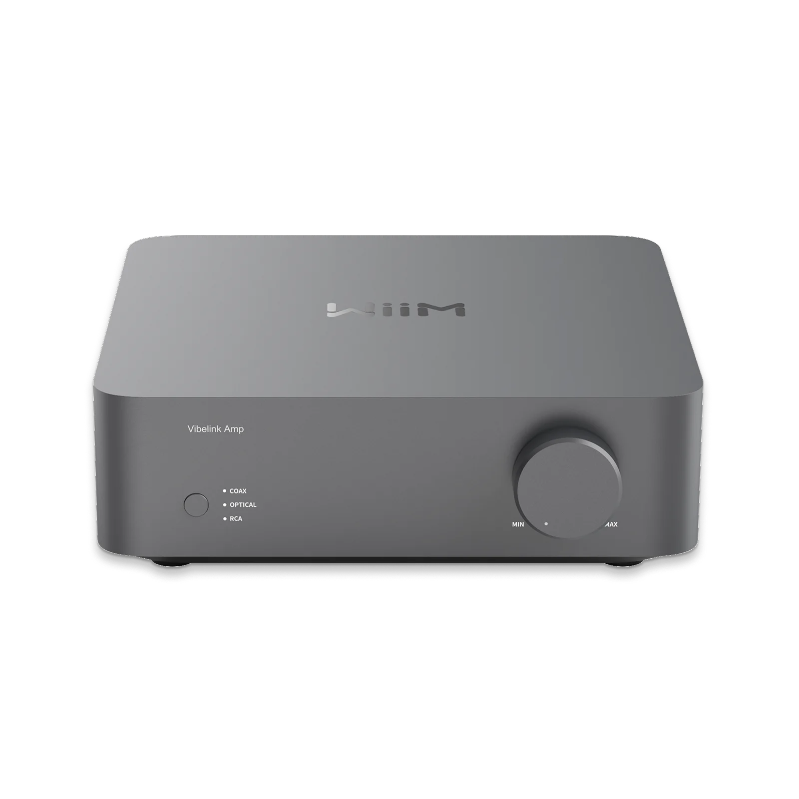 WiiM Vibelink Amp gris sidéral vu de face, bouton de volume et voyants d’entrée