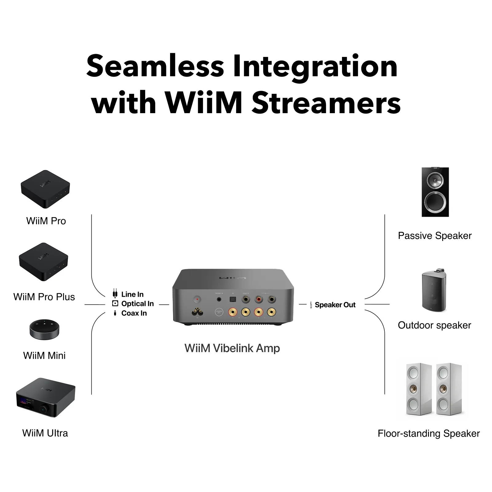 Schéma de connexion du Vibelink Amp avec les streamers WiiM et des enceintes passives