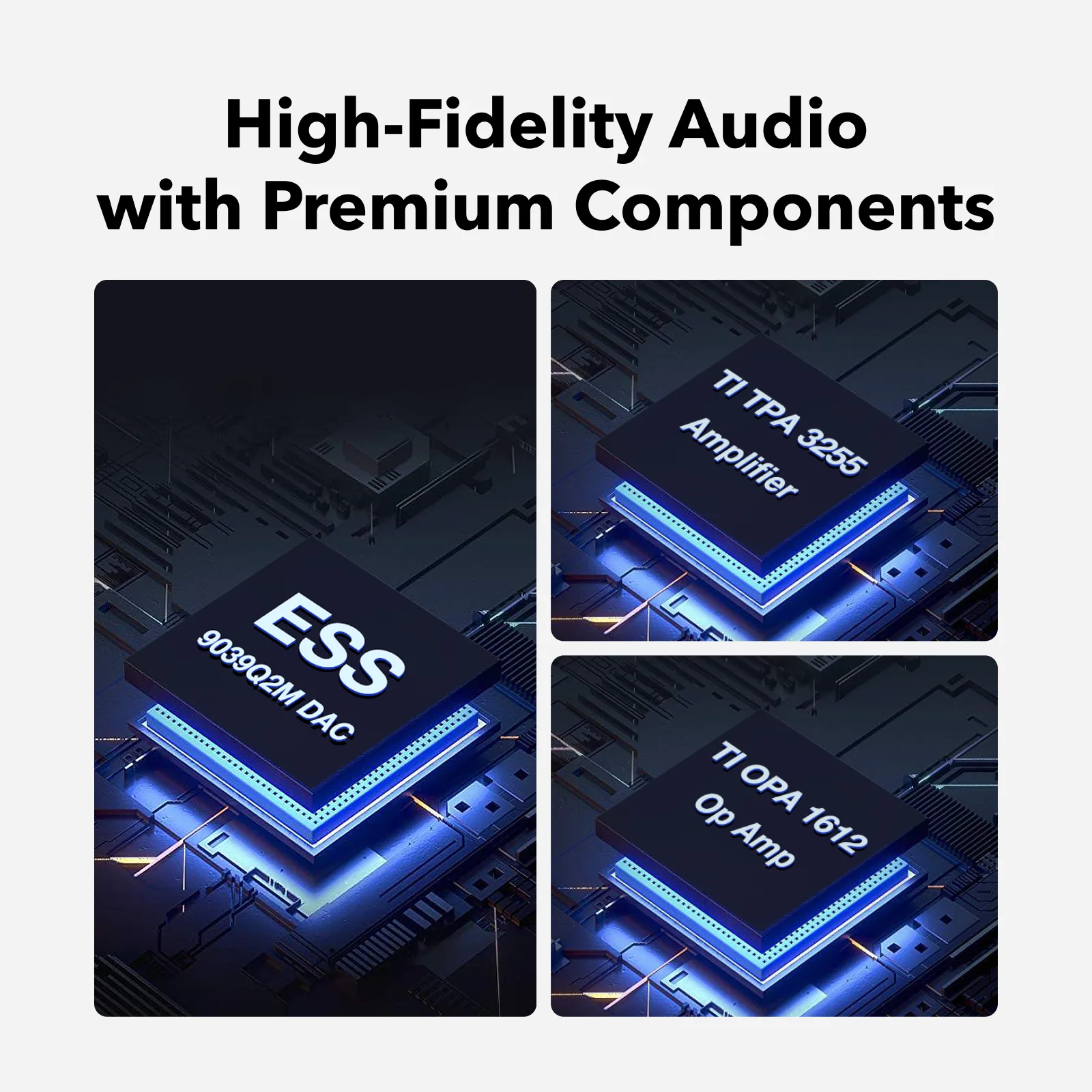 Composants du Vibelink Amp : DAC ESS 9039Q2M, ampli TI TPA3255 et AOP TI OPA1612