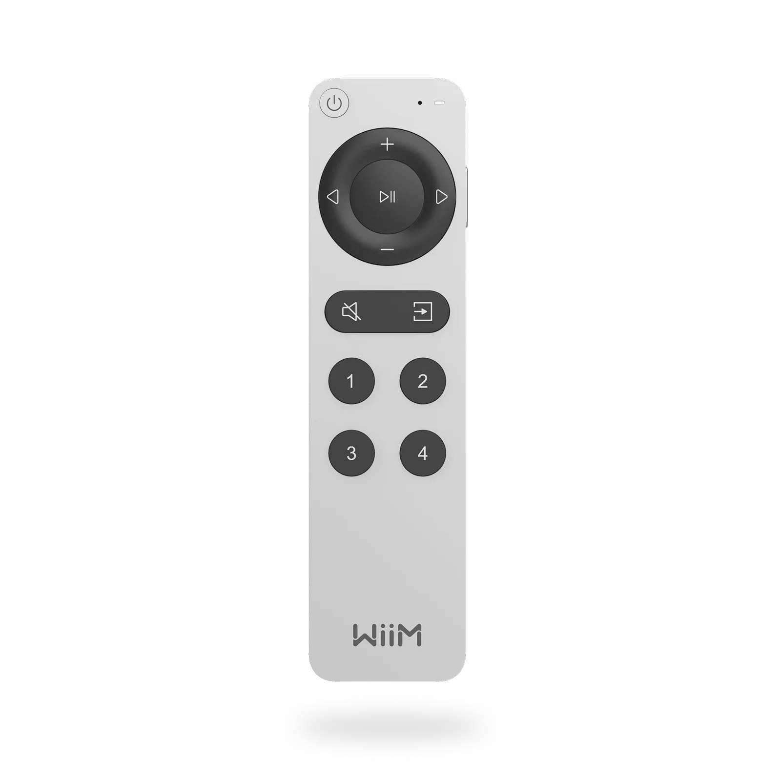 WiiM Voice Remote 2 vue de face : pavé de lecture, sourdine, source et 4 présélections